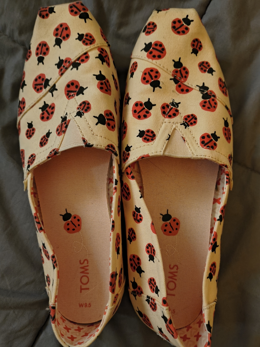 TOMS Women's Beige Canvas Slip-Ons with Red Ladybug Print. Size 9.5